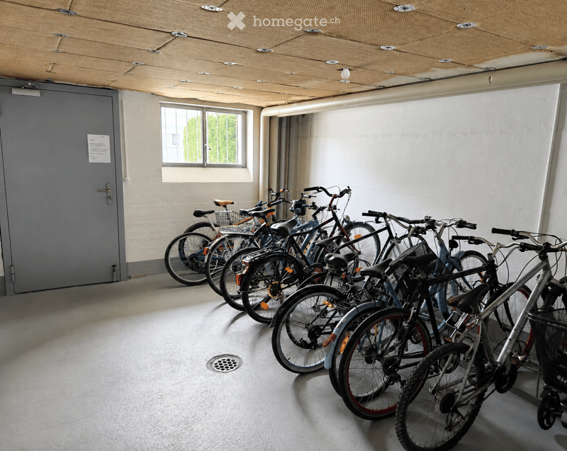 Empty indoor space with several bicycles parked in rows, a grey door, a window with a view of greenery, and a wooden ceiling with visible fixtures.