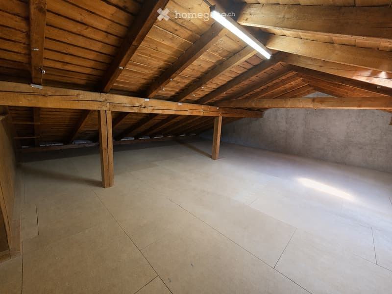 Empty attic space with wooden beams, exposed wooden ceiling, and concrete walls. The floor is tiled, and there are minimal built-in shelves on one side.