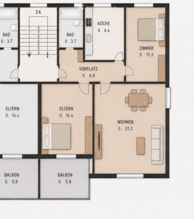 Floor plan showing a two-story layout with living area, kitchen, bedrooms, bathrooms, and balconies.