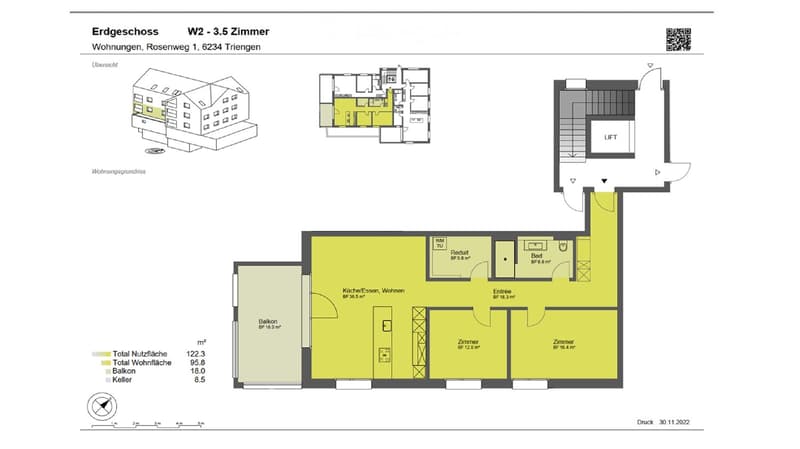 Floor plan of a 3.5-room apartment on the ground floor, including a kitchen/dining/living area, two bedrooms, a bathroom, a hallway, and a balcony.