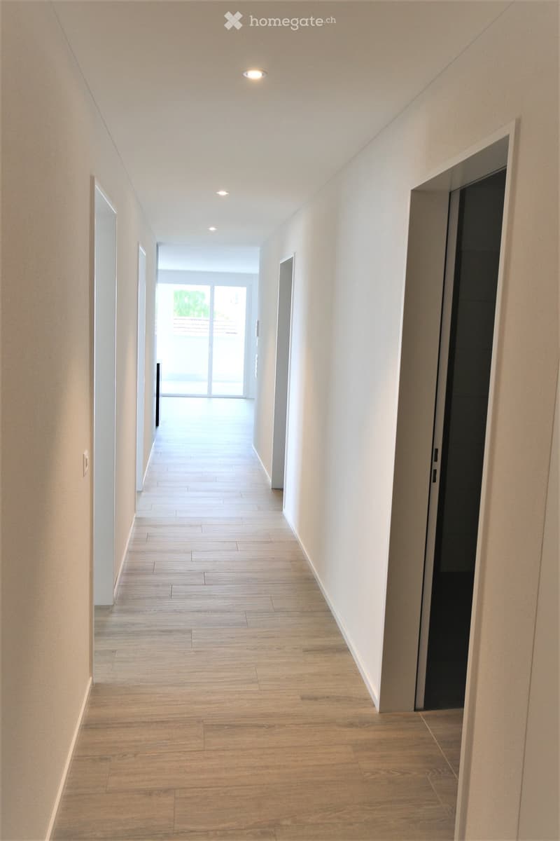 Modern hallway with light wooden flooring, white walls, recessed lighting, and open doorways leading to other rooms.