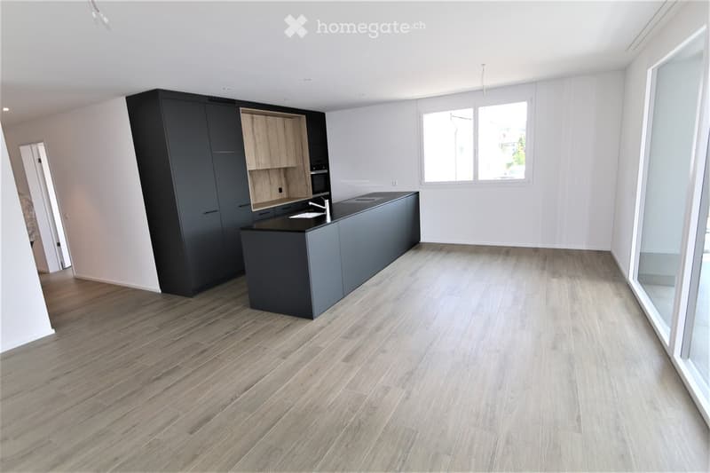 Modern kitchen with dark grey cabinets, light wooden accents, and a black countertop. Features a central island with a sink and faucet, large windows, and light wooden flooring.