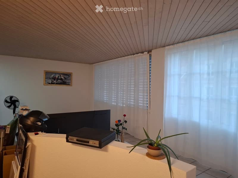 A furnished room with a slanted wooden ceiling, white walls, and large windows covered by white curtains. Visible objects include a table with a potted plant, a fan, a picture frame, a vase with flowers, and a screen.