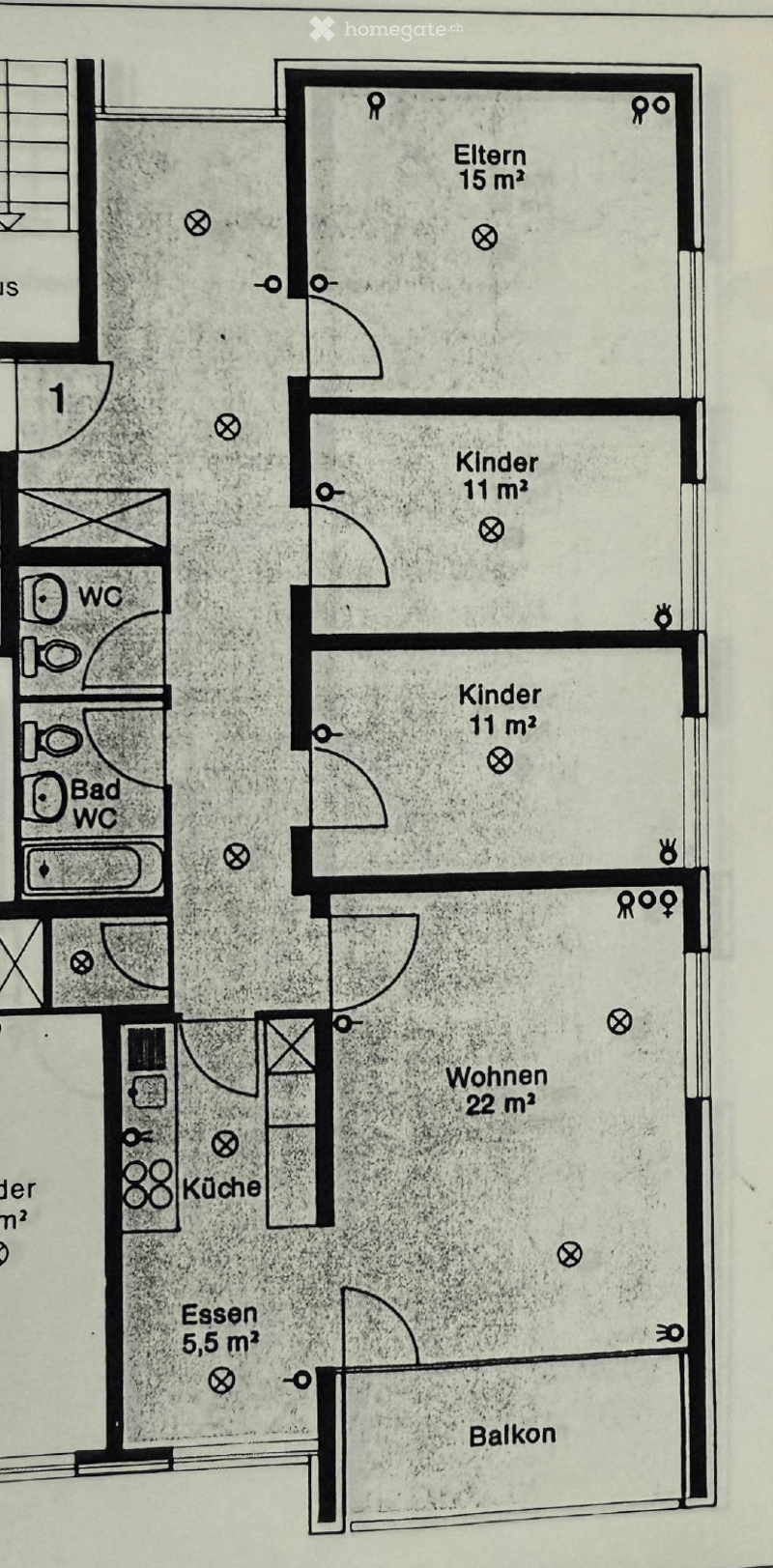 Floor plan of a 4-room apartment including a living room, kitchen, two children's rooms, parents' room, bathroom, and balcony.