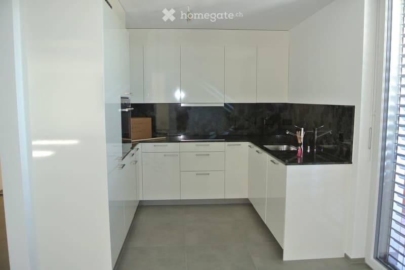 Modern kitchen with white cabinets, stainless steel sink, and black countertop.