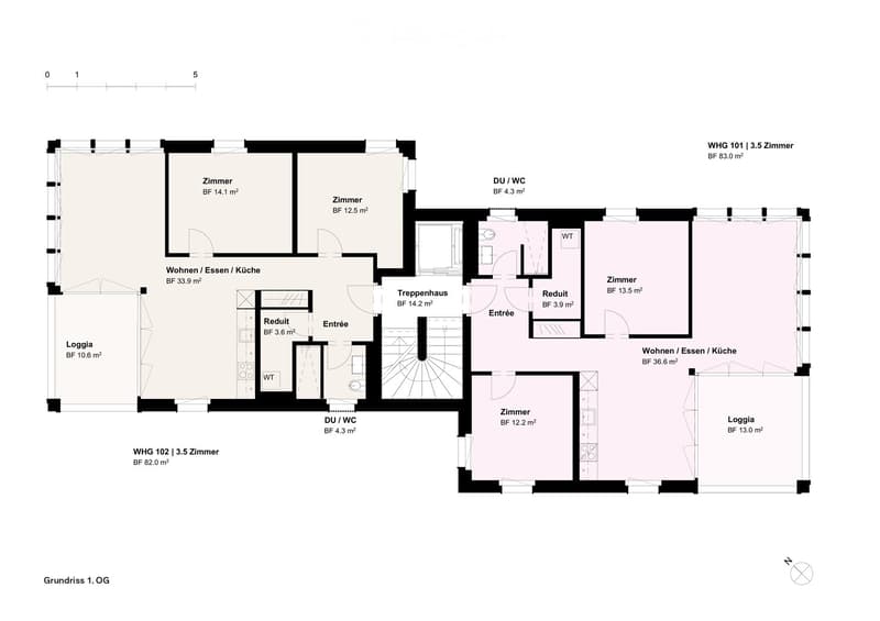 Floor plan of two apartments on the first floor, each with3.5 rooms, including living/dining/kitchen areas, bedrooms, bathrooms, and loggias.