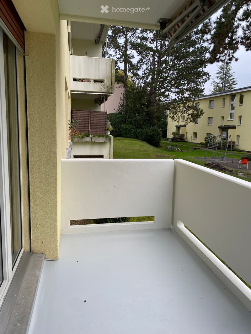 Balcony with white walls and a concrete floor, overlooking a green lawn and neighboring buildings.
