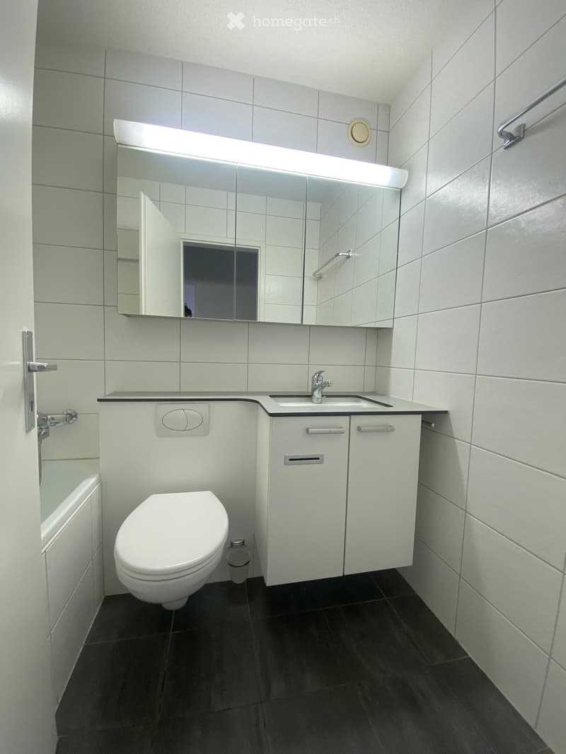 Modern bathroom with white tiles, a toilet, a sink with a mirror above it, and a small cabinet.