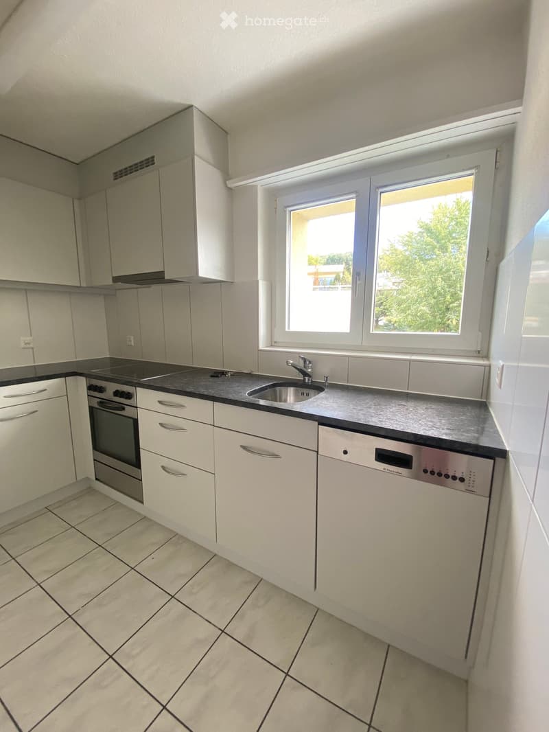Modern kitchen with white cabinets, black countertop, stainless steel sink, oven, and dishwasher. Large window provides natural light.
