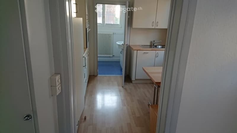A narrow hallway leads to a small kitchen area with a refrigerator, sink, faucet, cabinets, and a small table.