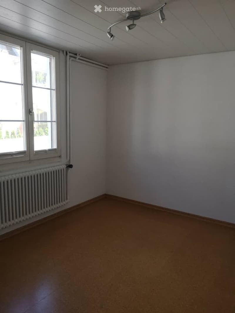 Empty room with wooden flooring, white walls, large windows, radiator, and ceiling light fixture.