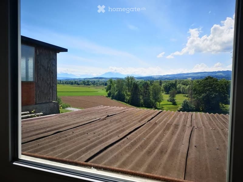 View from a balcony or terrace showing a rural landscape with fields, trees, and distant mountains under a clear blue sky.