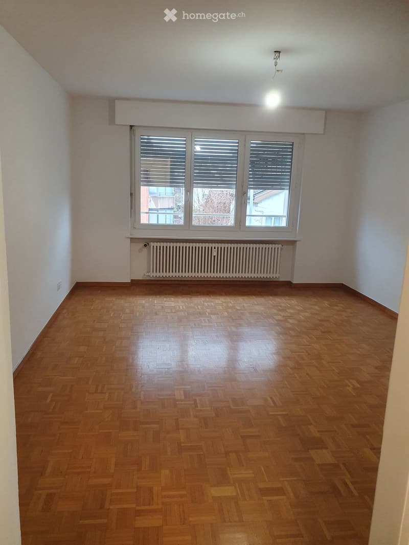 Empty room with wooden parquet flooring, white walls, large window with blinds, radiator, and ceiling light fixture.