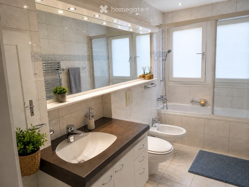Modern bathroom with a double sink, toilet, bathtub, and shower area. Features include a large mirror with built-in lighting, a towel rack, a small plant, and a candle on the bathtub ledge.