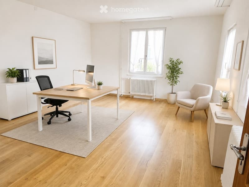 Bright, modern office space with wooden flooring, large windows, a desk with a chair, a screen, a lamp, a cabinet, a comfortable chair, and several potted plants.