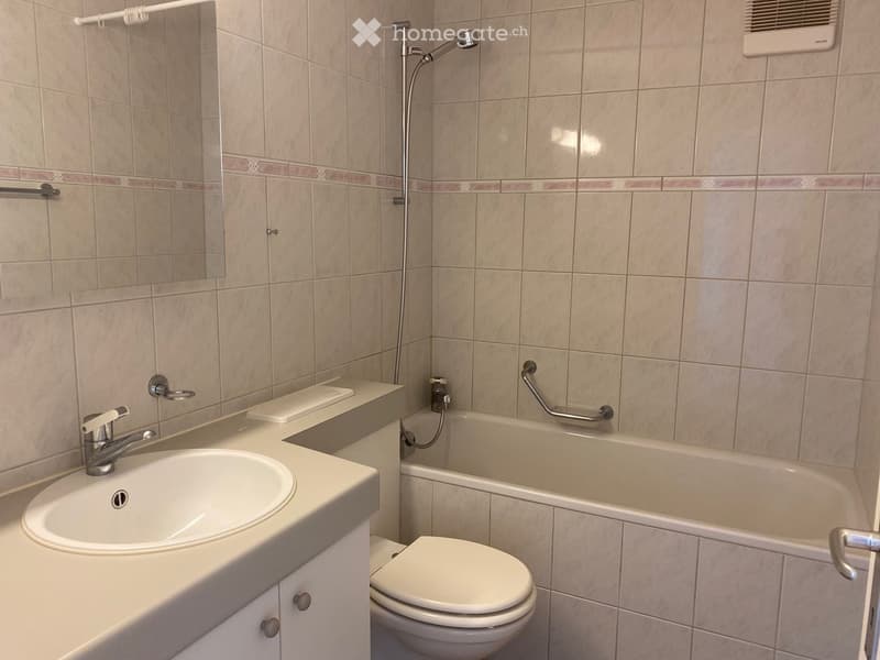 Bathroom with beige tiled walls, a white sink with a chrome faucet, a bathtub with a handheld showerhead, a toilet, and a mirror above the sink.
