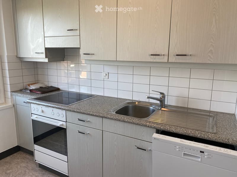 Modern kitchen with light wood cabinets, granite countertop, stainless steel sink, induction cooktop, oven, and dishwasher.