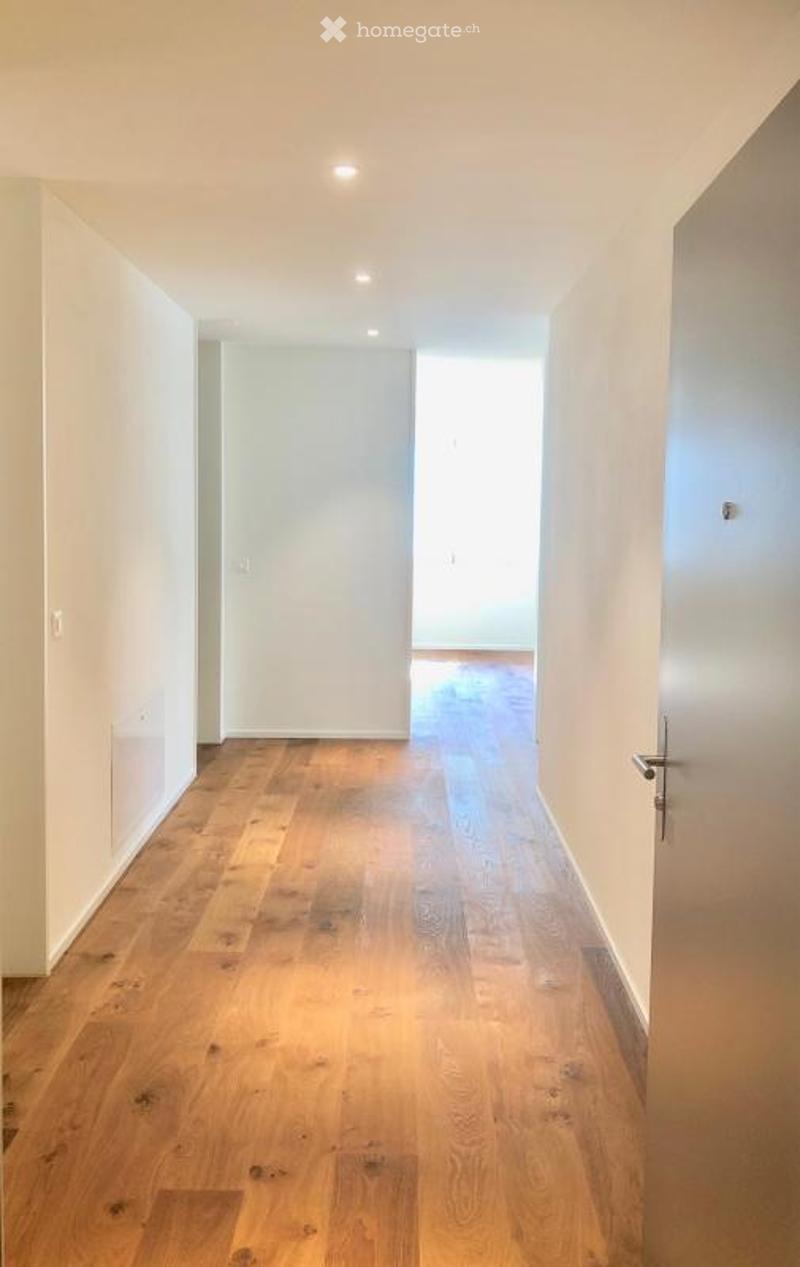 Empty hallway with light wooden flooring and white walls, featuring recessed ceiling lights and a closed door at the end.