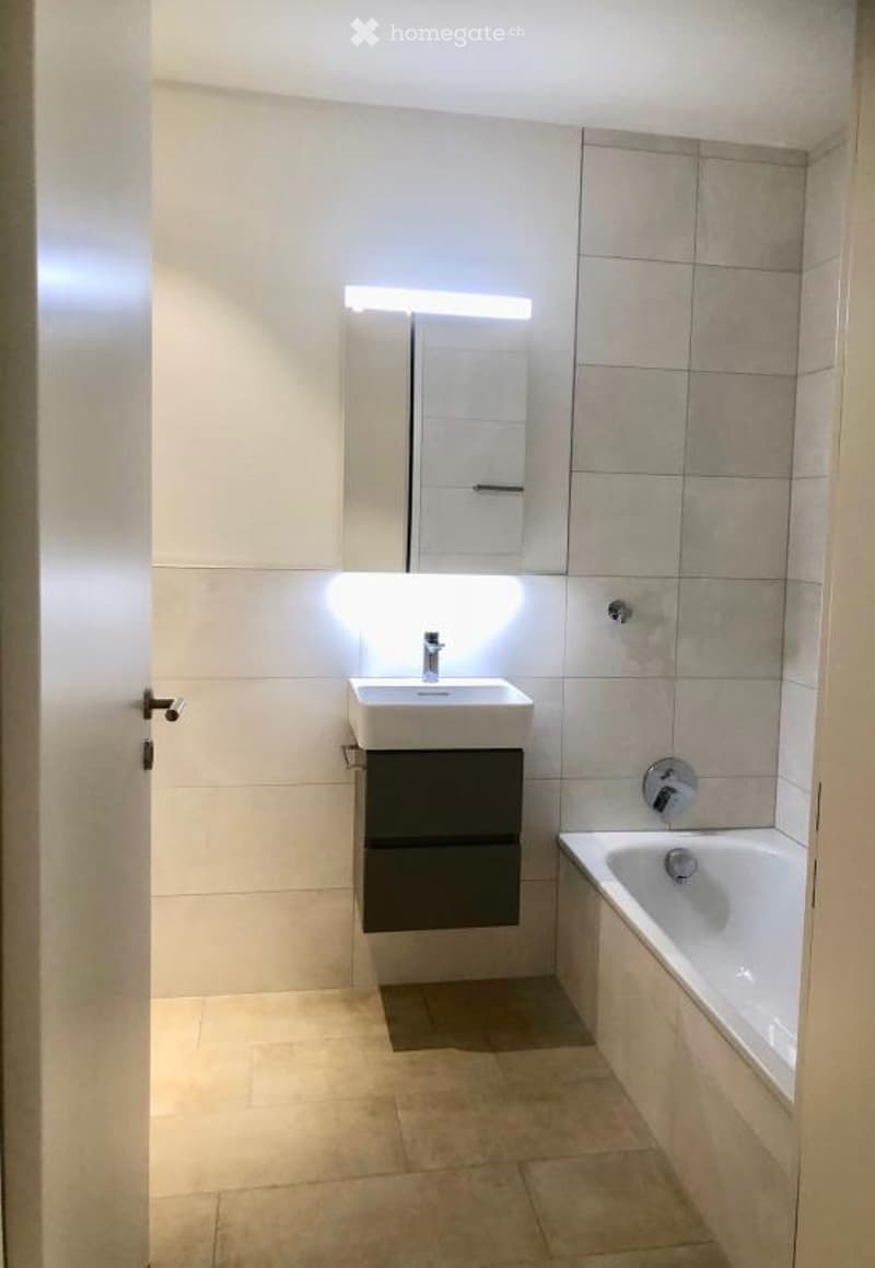 Modern bathroom with a white sink, dark cabinet, bathtub, and large mirror with built-in lighting.