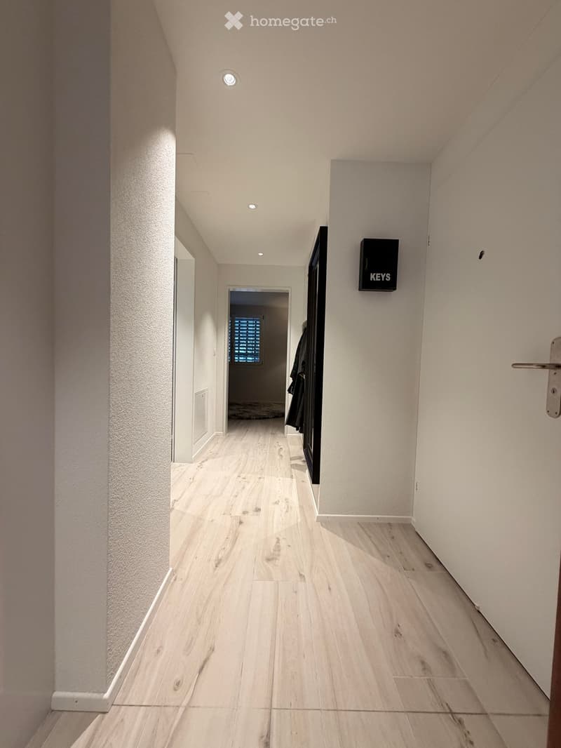 Modern hallway with light wooden flooring, white walls, recessed ceiling lights, and a key box mounted on the wall.