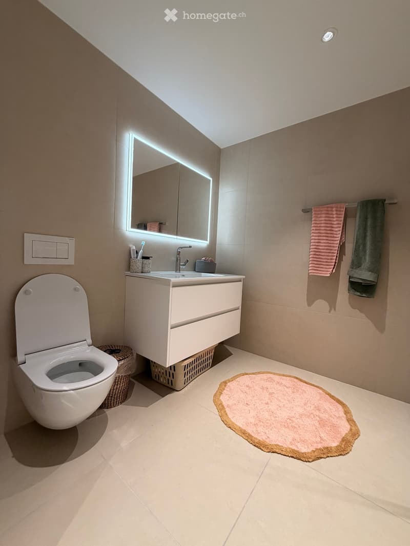Modern bathroom with a toilet, sink, and mirror. Features a white cabinet, a pink round rug, and a towel rack with towels.