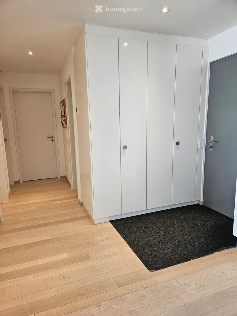 Empty hallway with light wooden flooring, white built-in cabinets, and a black rug in the center.