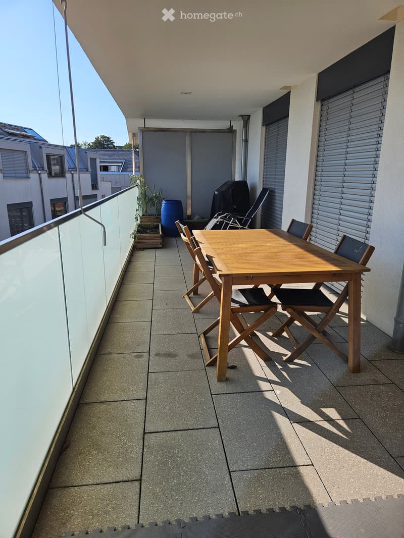 Balcony with a wooden table and chairs, a potted plant, and a blue barrel in the background.