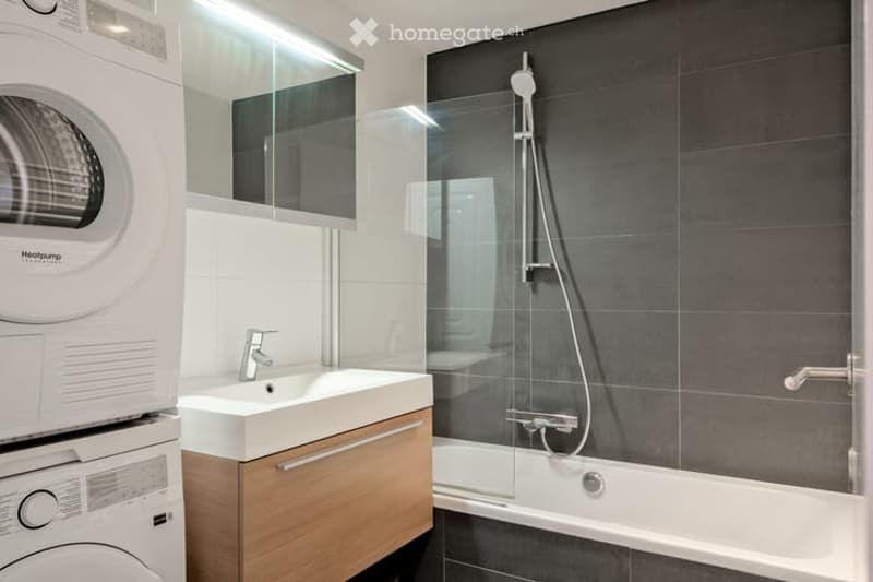Modern bathroom with a white sink, wooden cabinet, glass-enclosed shower, and a washing machine/dryer unit.
