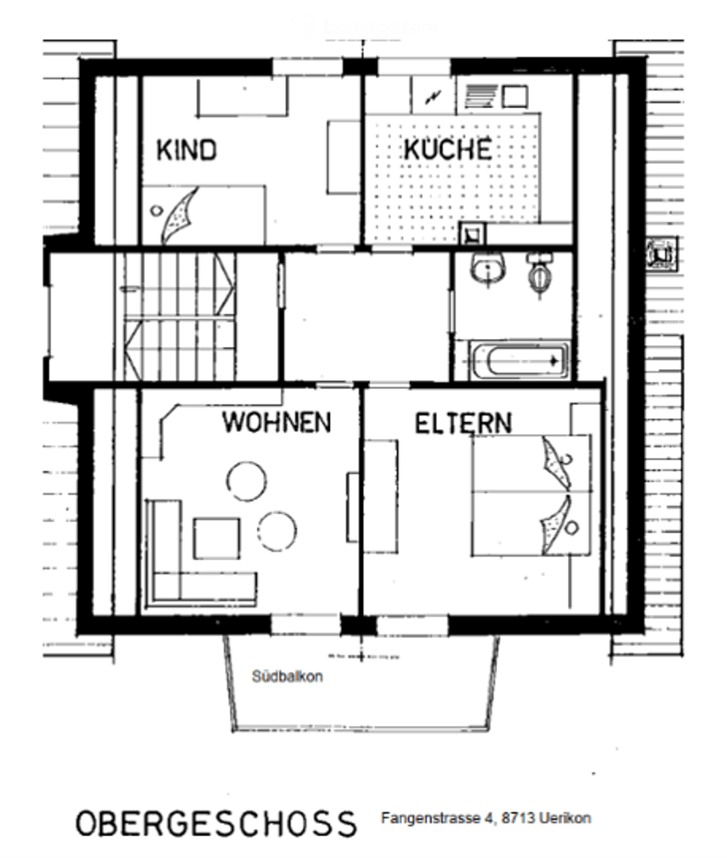 Floor plan of a two-story house with four rooms: living room, bedroom, kitchen, and child's room, plus a balcony.