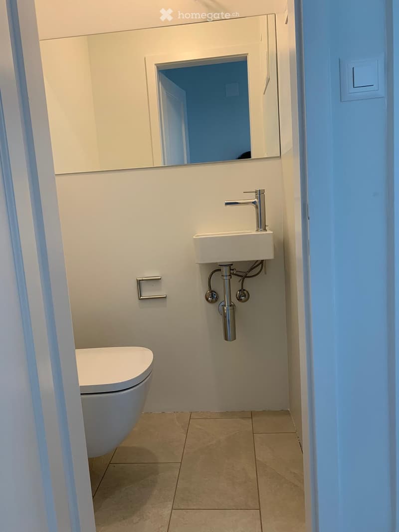 Modern, compact bathroom with a toilet, sink, and mirror. Features a sleek, minimalist design with light-colored tiles and a modern faucet.
