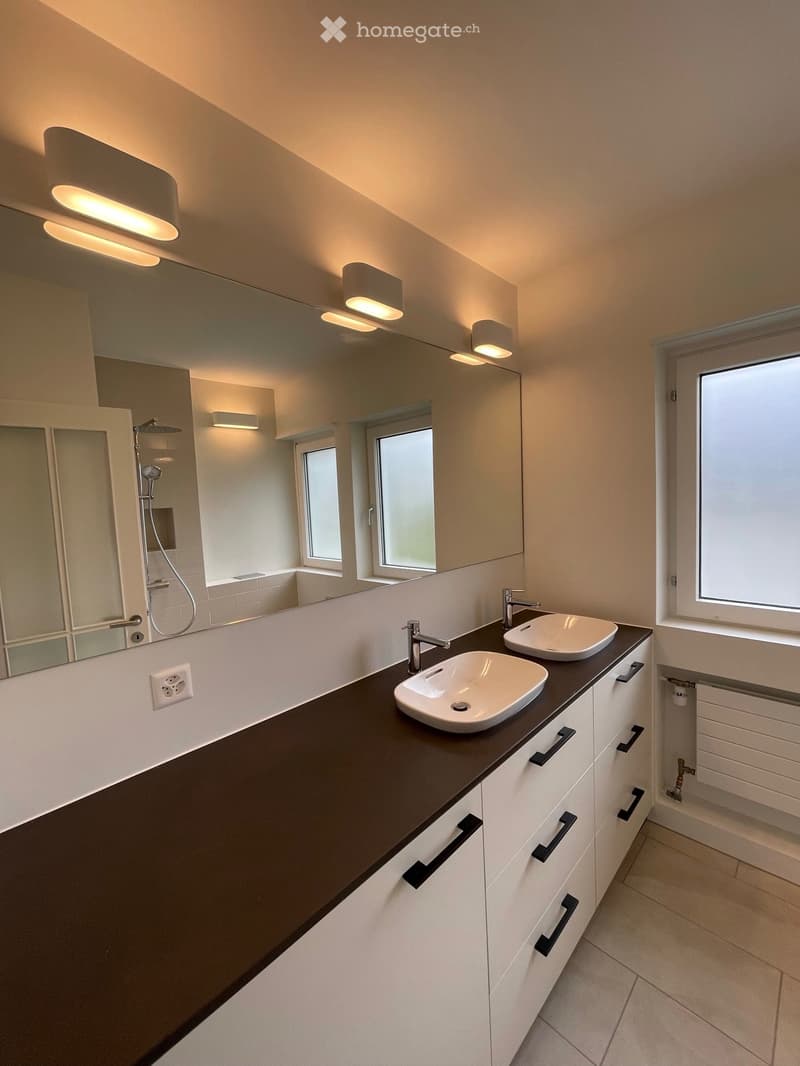 Modern bathroom with two sinks, sleek dark countertop, white cabinets, large mirror, and built-in shower area.