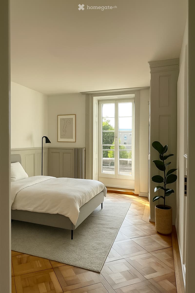 Bright bedroom with wooden flooring, a neatly made bed, a potted plant, a picture frame on the wall, and a floor lamp near the bed.