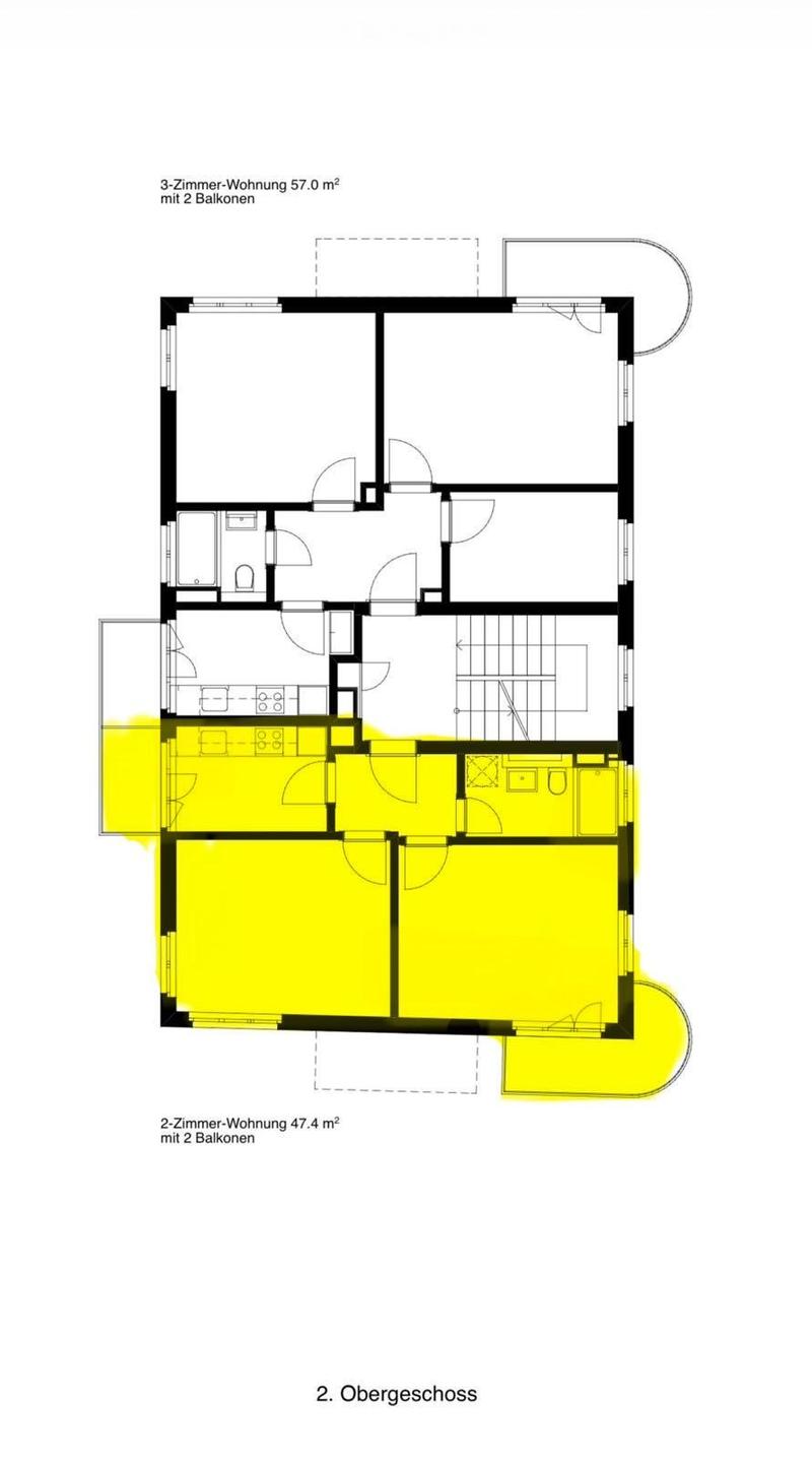 Floor plan of a 2nd floor showing two apartments: a 3-room apartment (57.0 m²) and a 2-room apartment (47.4 m²), both with2 balconies.