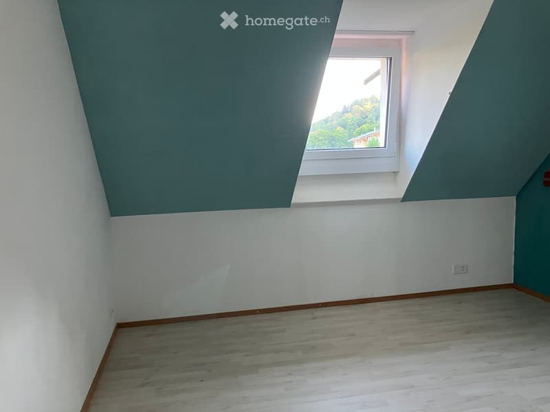 Empty attic room with wooden flooring, white walls, and a skylight window offering a view of greenery outside.