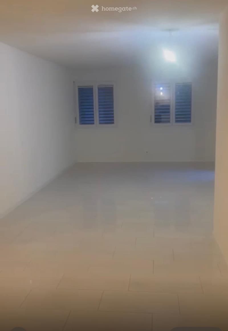 Empty room with white walls, tiled floor, and two windows with shutters.