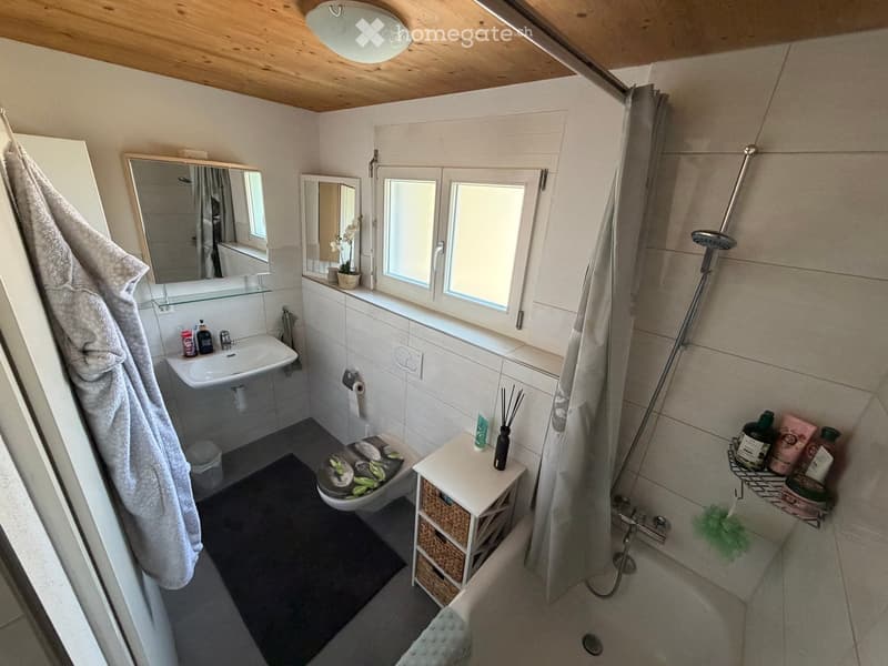 Modern bathroom with a sink, mirror, toilet, and shower. Features a wicker storage cabinet, towels, and various toiletries.