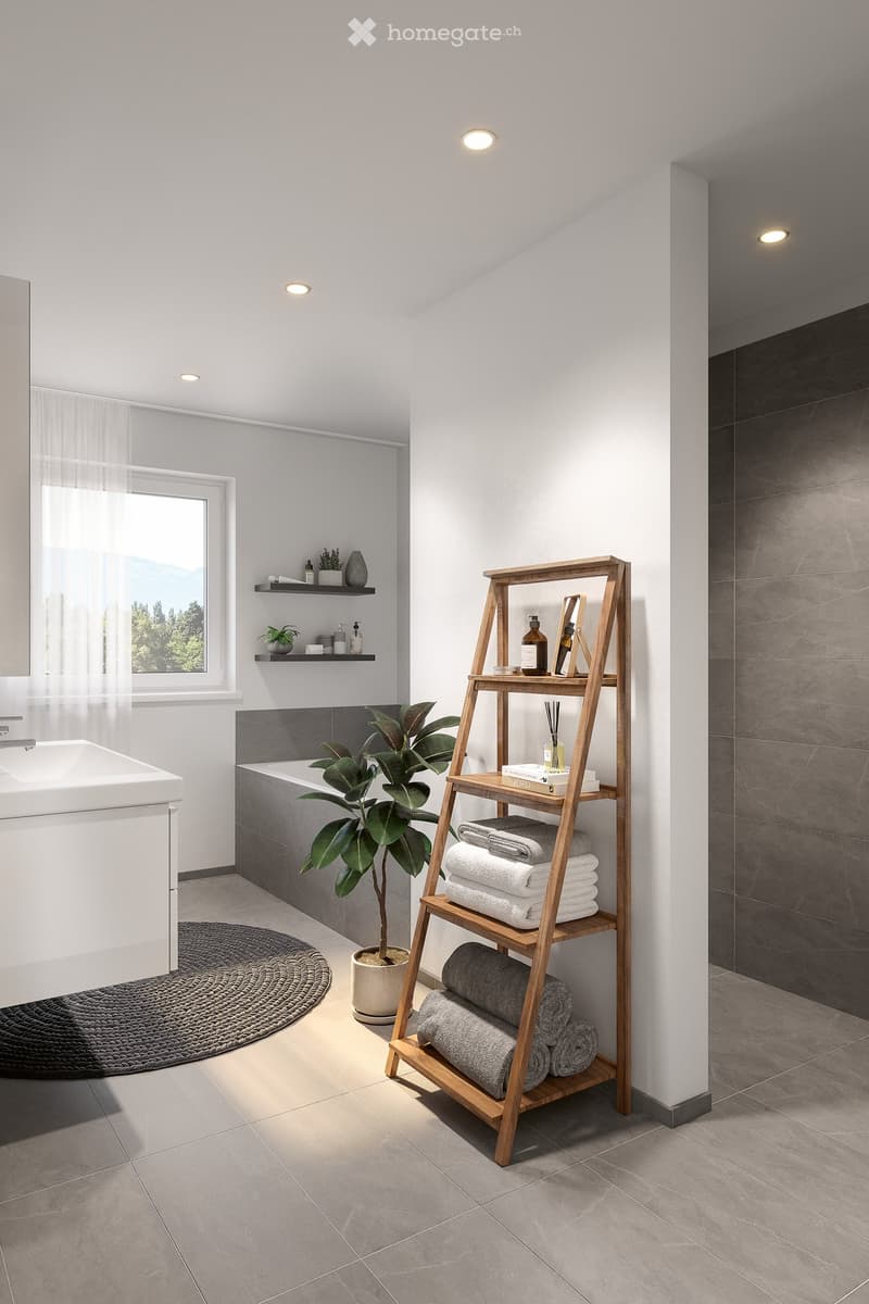 Modern bathroom with white tiles, a white sink, a wooden ladder with towels, a potted plant, and shelves with various items.
