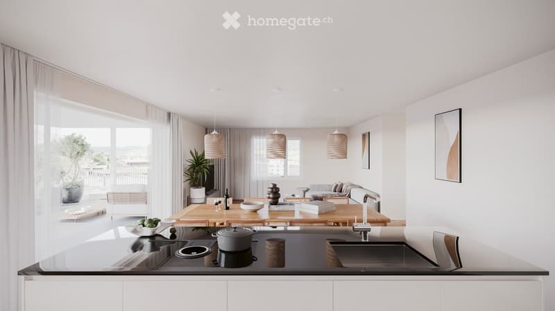 Modern kitchen with a dining area, black countertops, white cabinets, and a large window.