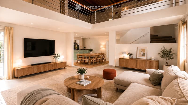 Modern living room with a large sectional sofa, coffee table, ottoman, dining area with a table and chairs, and a television mounted on the wall. The space features wooden flooring, white walls, and large windows with curtains.