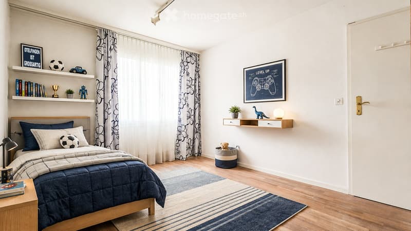 A well-lit bedroom with a wooden bed, nightstand, and shelves holding books, toys, and a plant. A large window with floral curtains lets in natural light, and a blue rug adds a touch of color to the wooden floor.