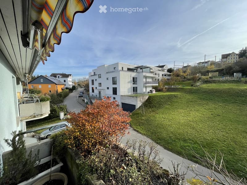 View from a balcony showing a residential area with modern apartment buildings, a green lawn, and a road with parked cars.
