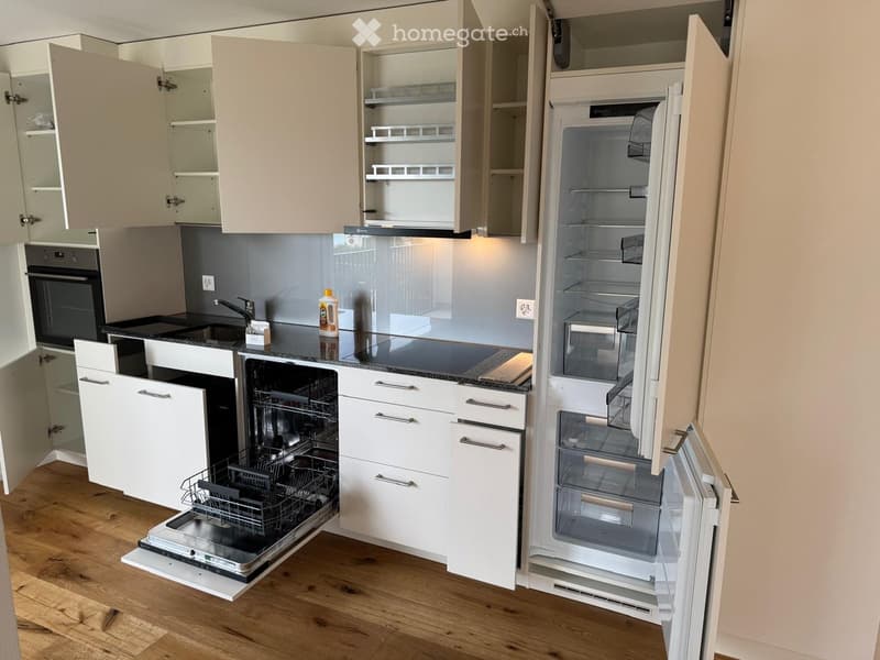 Modern kitchen with white cabinets, stainless steel appliances, and a black countertop. The refrigerator and dishwasher are open, revealing their interiors.