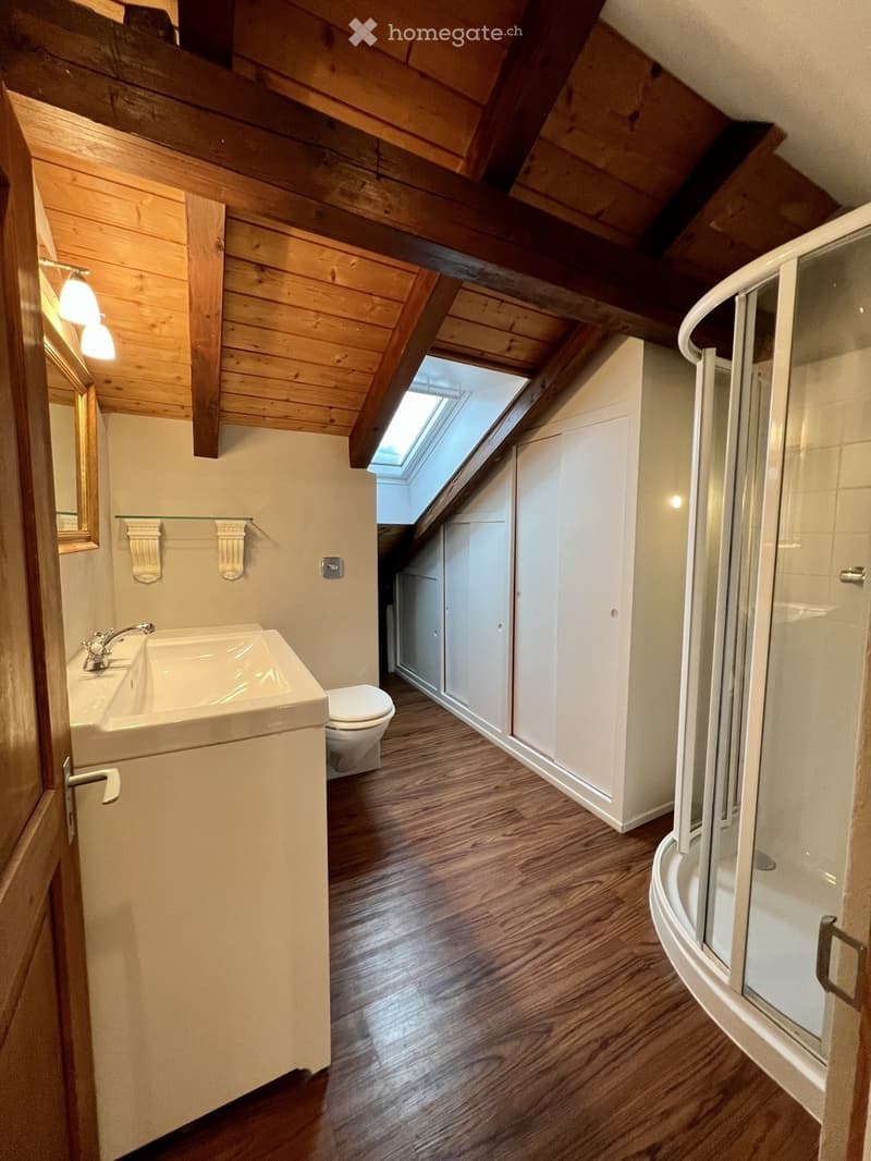 Cozy attic bathroom with wooden beams, skylight, wooden floor, sink, toilet, and shower stall.