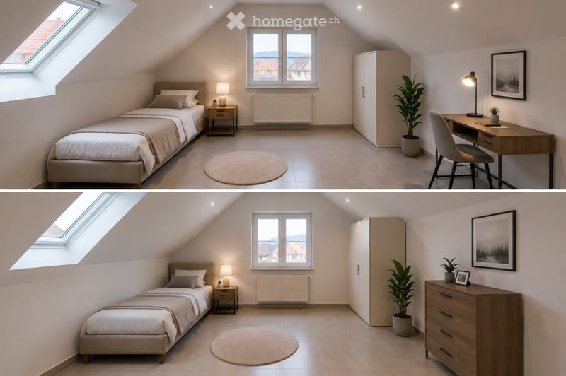 Cozy attic bedroom with a single bed, nightstand, desk, chair, wardrobe, and potted plant. Features large windows and skylight, with a round rug on the floor.