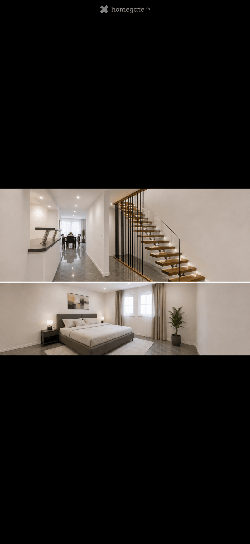Modern house with a sleek staircase, dining area, and bedroom. Features include wooden stairs with a metal railing, a dining table with chairs, a bed with pillows, nightstands, and a potted plant.