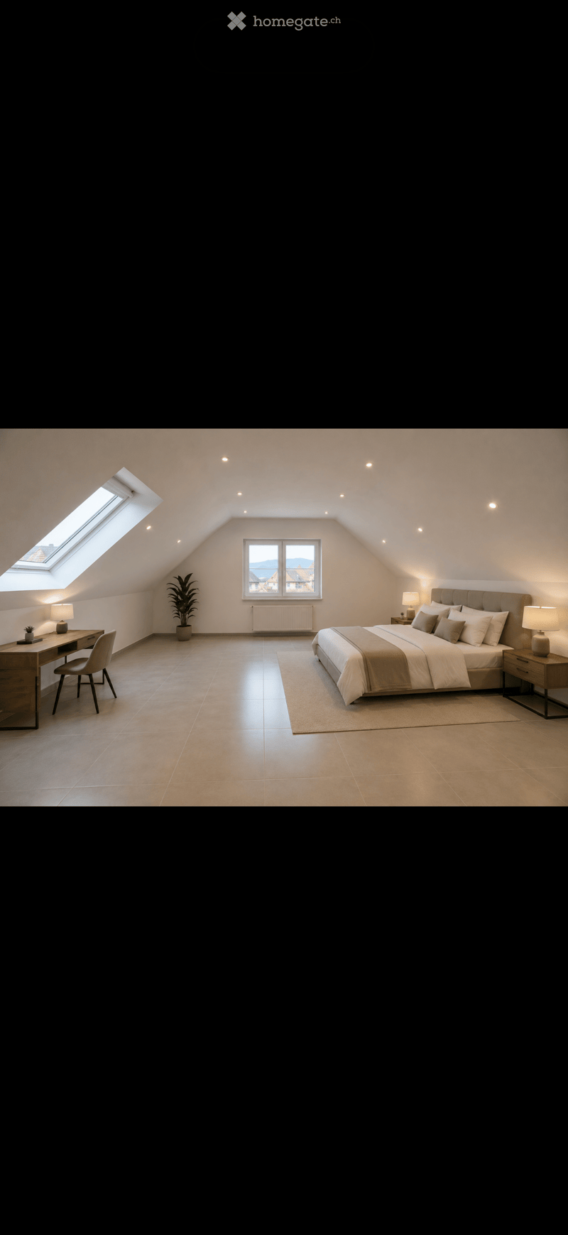 Modern attic bedroom with skylight, large window, bed, nightstand, desk, chair, and potted plant.