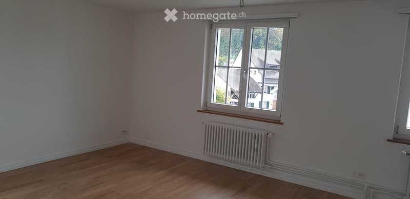 Empty room with light wooden flooring, white walls, a single window with white frame, and a white radiator below the window.