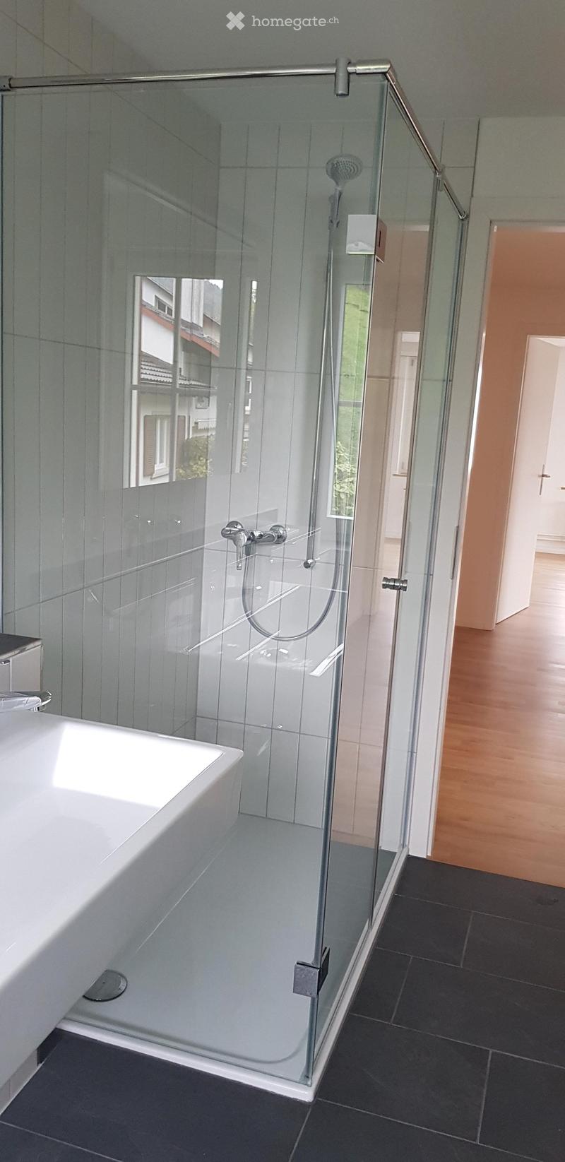 Modern bathroom with a glass-enclosed shower stall, white tiles, and a sleek chrome faucet.