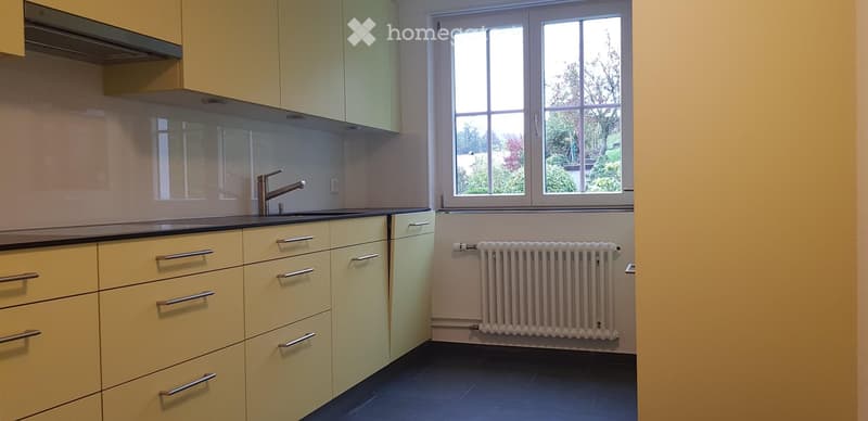 Modern kitchen with light yellow cabinets, stainless steel handles, a black countertop, and a window overlooking a garden.