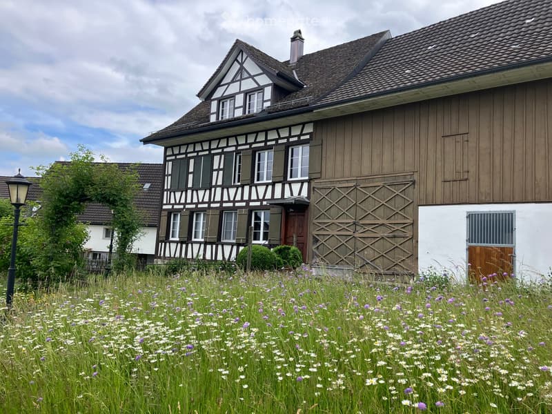 House in countryside with brown wooden exterior and white trim, surrounded by field of wildflowers
